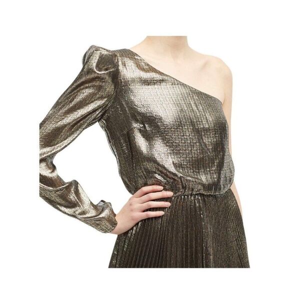 DEREK LAM Yolie Gold Long Sleeve One Shoulder Pleated Mini Dress Size M - Picture 2 of 6